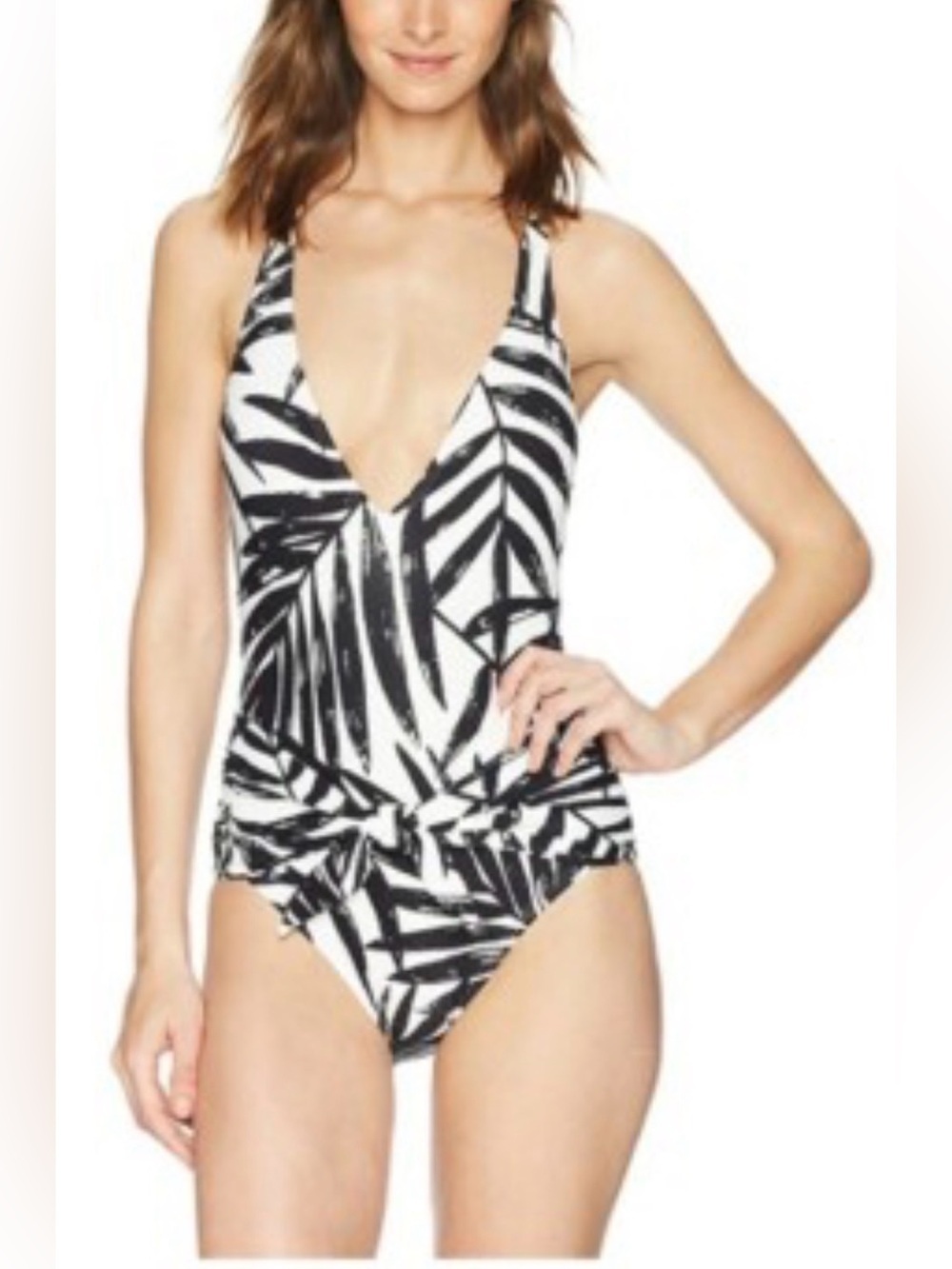 Carmen Marc Valvo black & white palm print deep v-neck halter top swimsuit sz 6